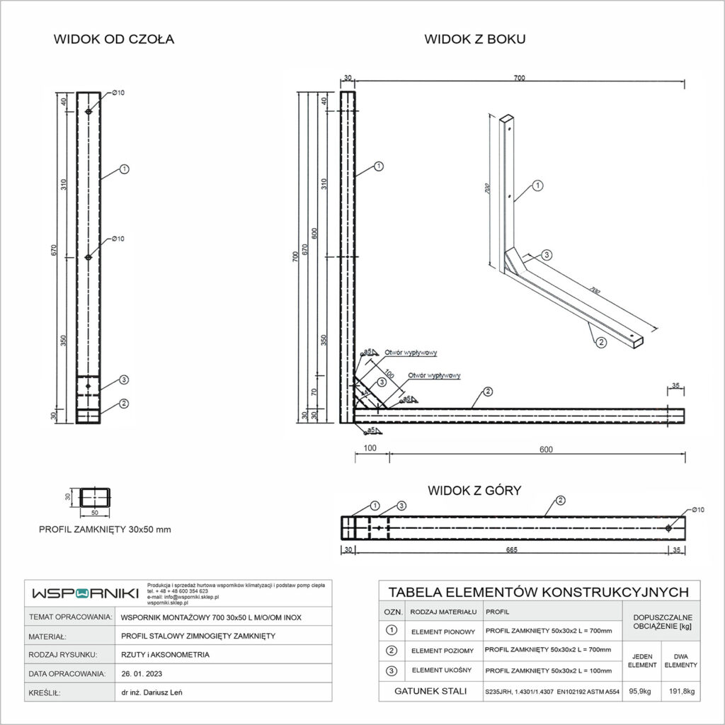 Rysunek techniczny dla wspornika montażowego. Typ konstrukcji L "elka". Długość ramienia 700 mm. Przekrój profilu stalowego 30x50 mm
