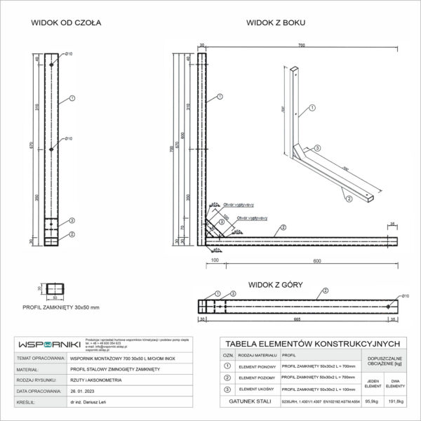 Rysunek techniczny dla wspornika montażowego. Typ konstrukcji L "elka". Długość ramienia 700 mm. Przekrój profilu stalowego 30x50 mm