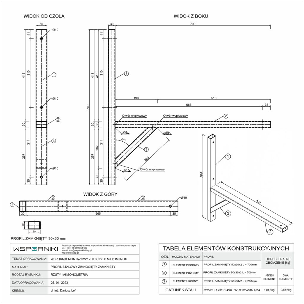 Rysunek techniczny dla wspornika montażowego. Typ konstrukcji P "podpórka". Długość ramienia 700 mm. Przekrój profilu stalowego 30x50 mm
