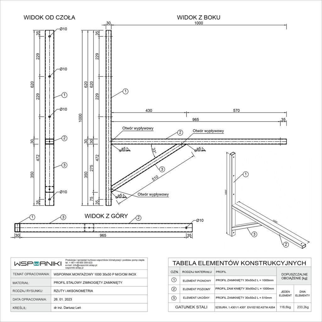 Rysunek techniczny dla wspornika montażowego. Długość ramienia 1000 mm. Przekrój profilu stalowego 30x50 mm