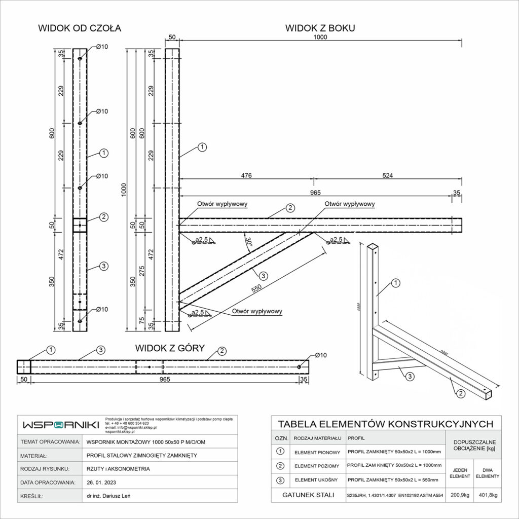 Rysunek techniczny dla wspornika montażowego. Długość ramienia 1000 mm. Przekrój profilu stalowego 50x50 mm