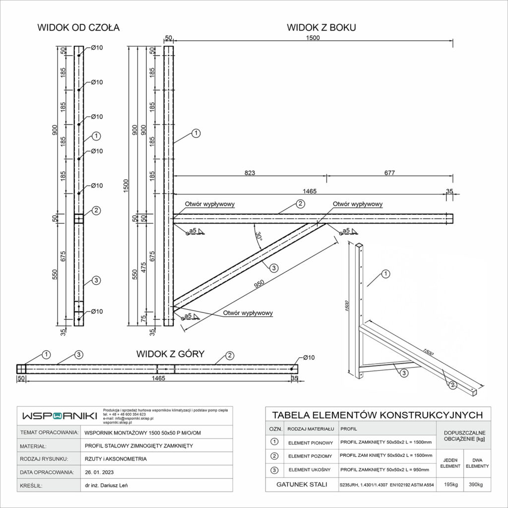 Rysunek techniczny dla wspornika montażowego. Długość ramienia 1500 mm. Przekrój profilu stalowego 50x50 mm