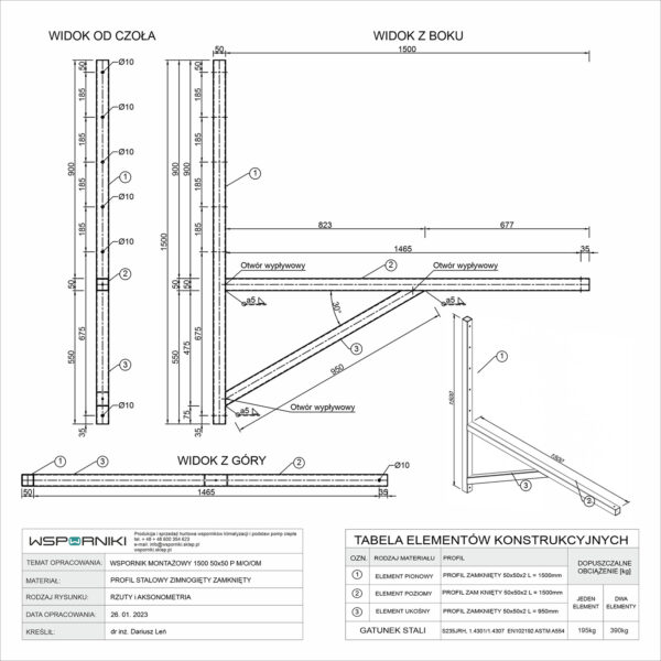 Rysunek techniczny dla wspornika montażowego. Długość ramienia 1500 mm. Przekrój profilu stalowego 50x50 mm
