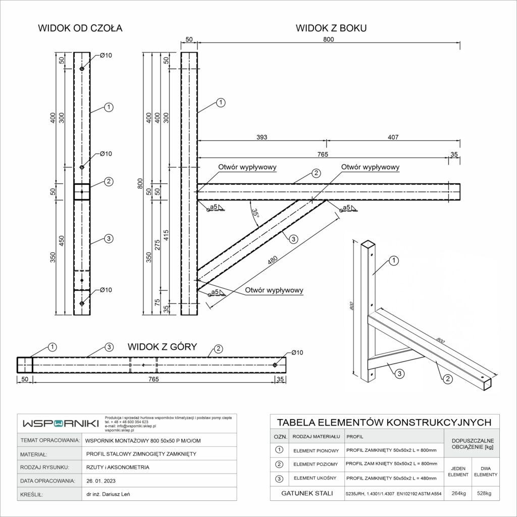 Rysunek techniczny dla wspornika montażowego. Długość ramienia 800 mm. Przekrój profilu stalowego 50x50 mm