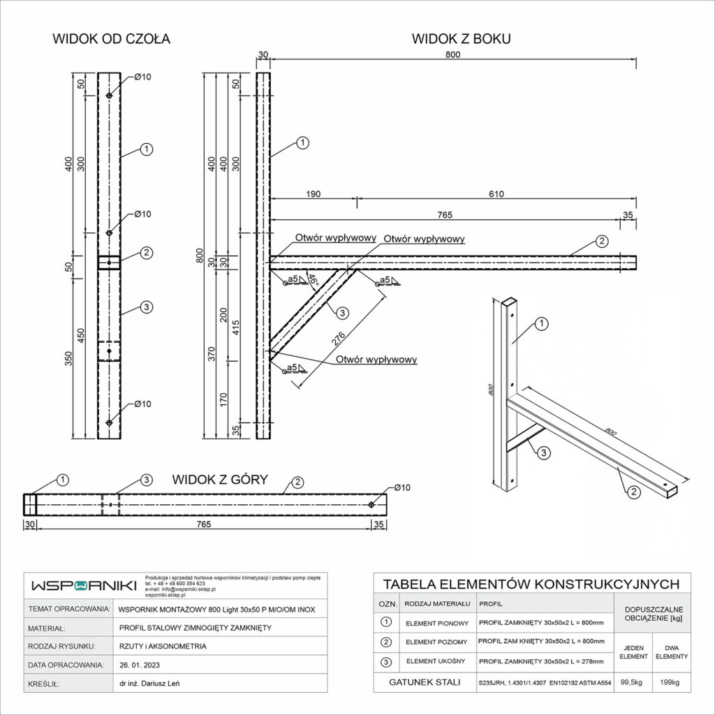 Rysunek techniczny dla wspornika montażowego. Długość ramienia 800 mm. Przekrój profilu stalowego 30x50 mm