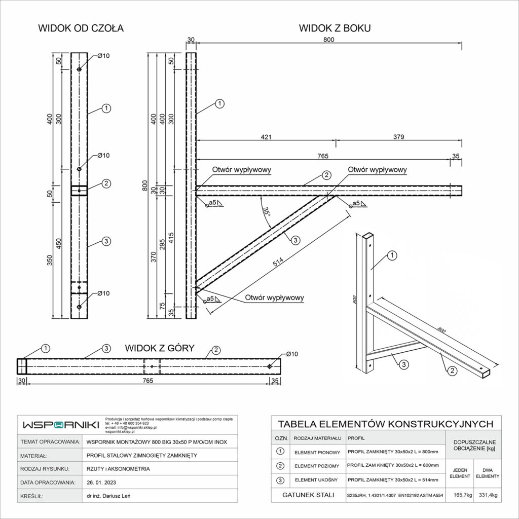 Rysunek techniczny dla wspornika montażowego. Długość ramienia 800 mm BIG. Przekrój profilu stalowego 30x50 mm