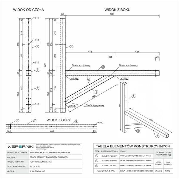 Rysunek techniczny dla wspornika montażowego. Długość ramienia 900 mm. Przekrój profilu stalowego 50x50 mm