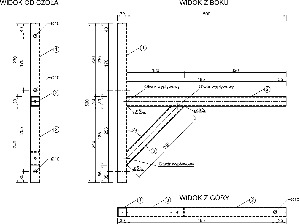 Rysunek techniczny dla wspornika do montażu klimatyzacji i innych urządzeń zewnętrznych