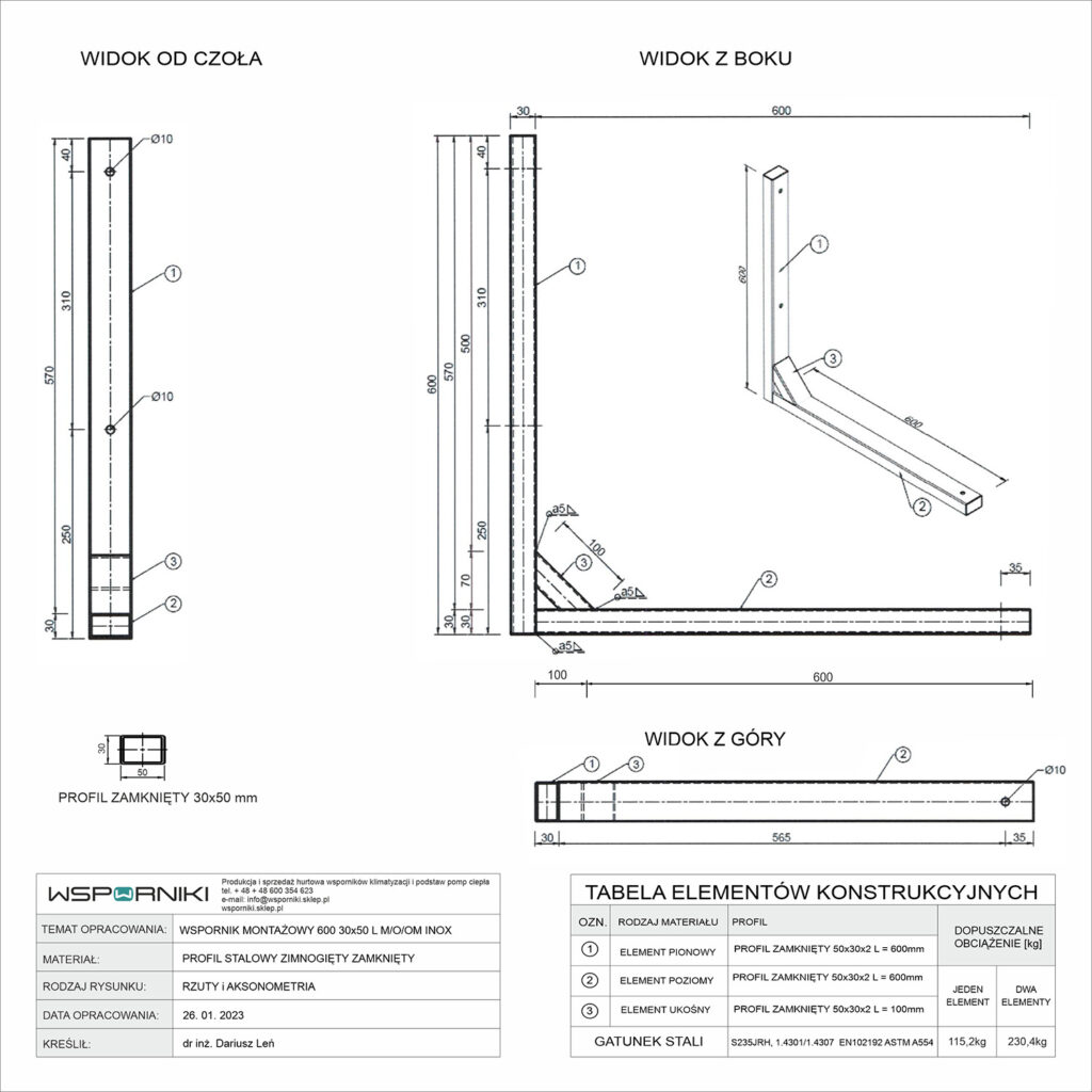 Rysunek techniczny dla wspornika montażowego. Typ konstrukcji L "elka". Długość ramienia 600 mm. Przekrój profilu stalowego 30x50 mm